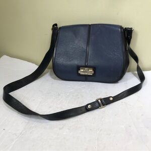 Furla Pebble Leather Saddle Crossbody Shoulder Bag Turn Lock Color Block Neutral